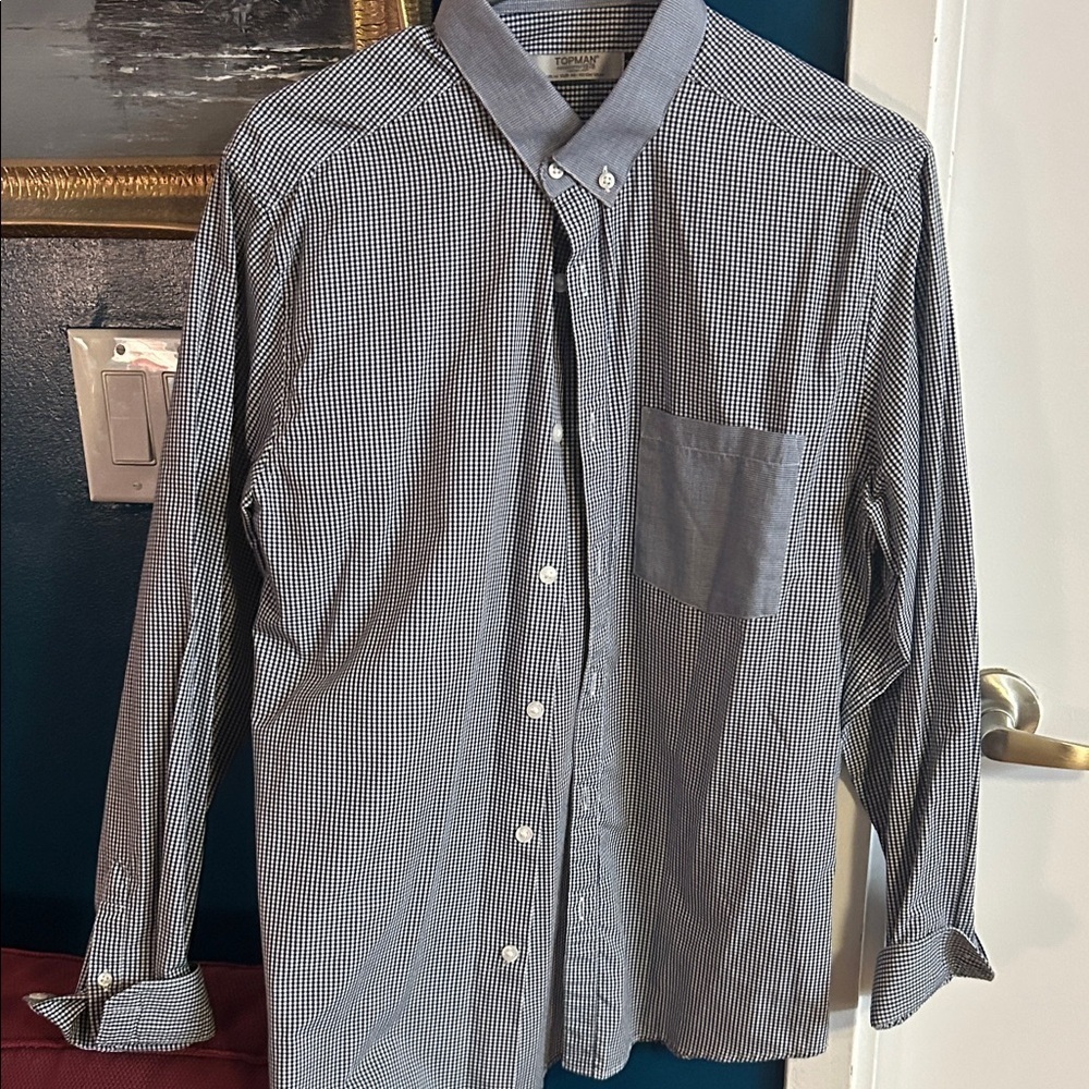 Topman Navy Gingham Button-Down Shirt Men’s Medium